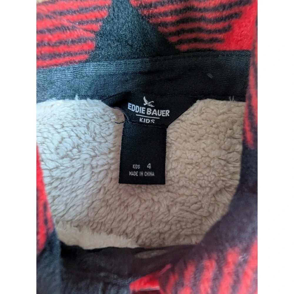 Eddie Bauer Kids Sherpa Lined Buffalo Plaid Hooded Jacket Red Black Size 4